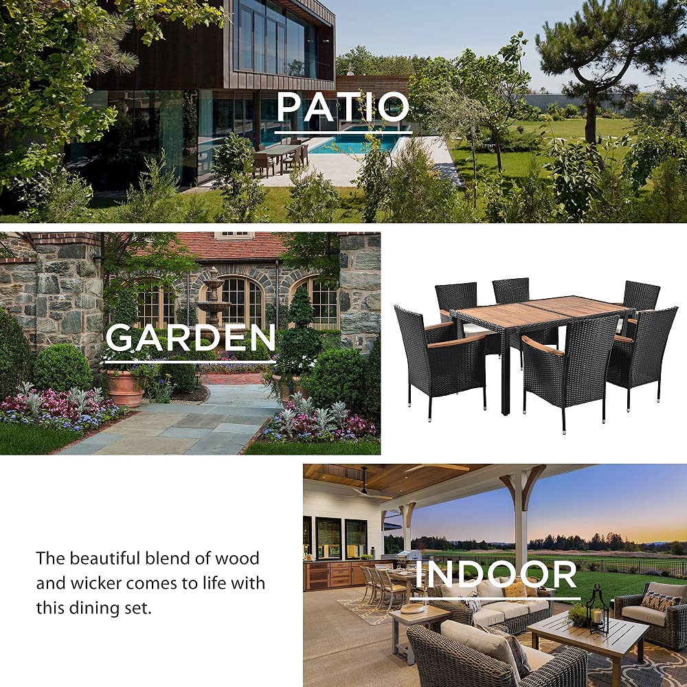 Quarte 7 Piece Outdoor Patio Dining Set, PE Rattan Wicker Dining Table and Chairs Set with Acacia Wood Tabletop and Stackable Armrest Chairs/Water-Proof Cushions Quarte
