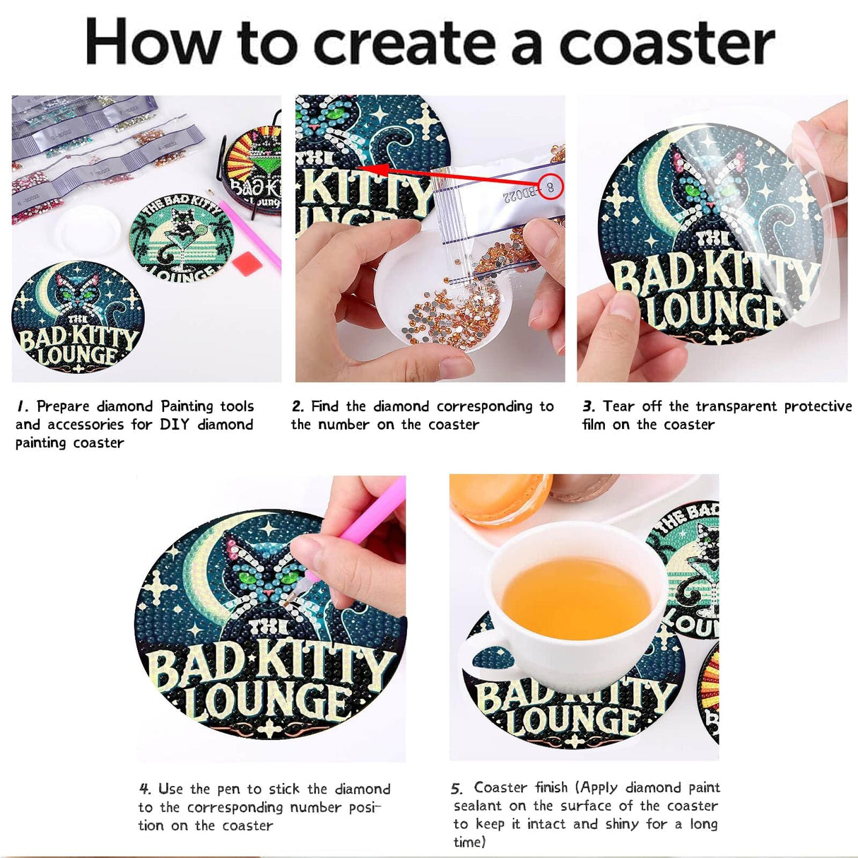 Yijingtop 8PCS Funny Cat Diamond Painting Coaster Kit with Holder,Bad Kitty Diamond Art Coasters,Crafts Kits for DIY Coasters Diamond Art Kits for Adults Yijingtop