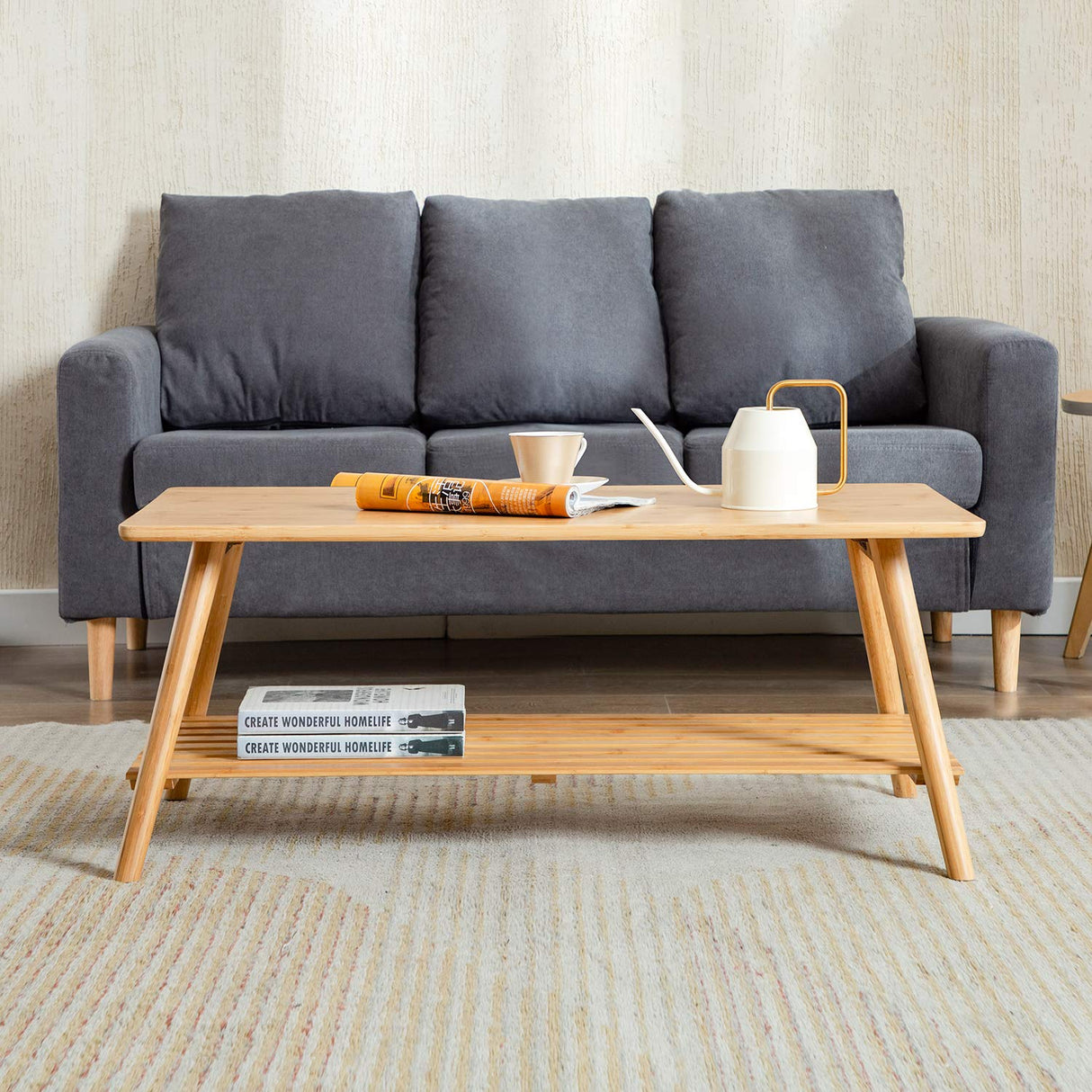 Nnewvante Coffee Table Foldable Bamboo Mid Century Desk TV Stand with Open Storage Shelf Center Table for Living Room Furniture RV No Assembly Nnewvante