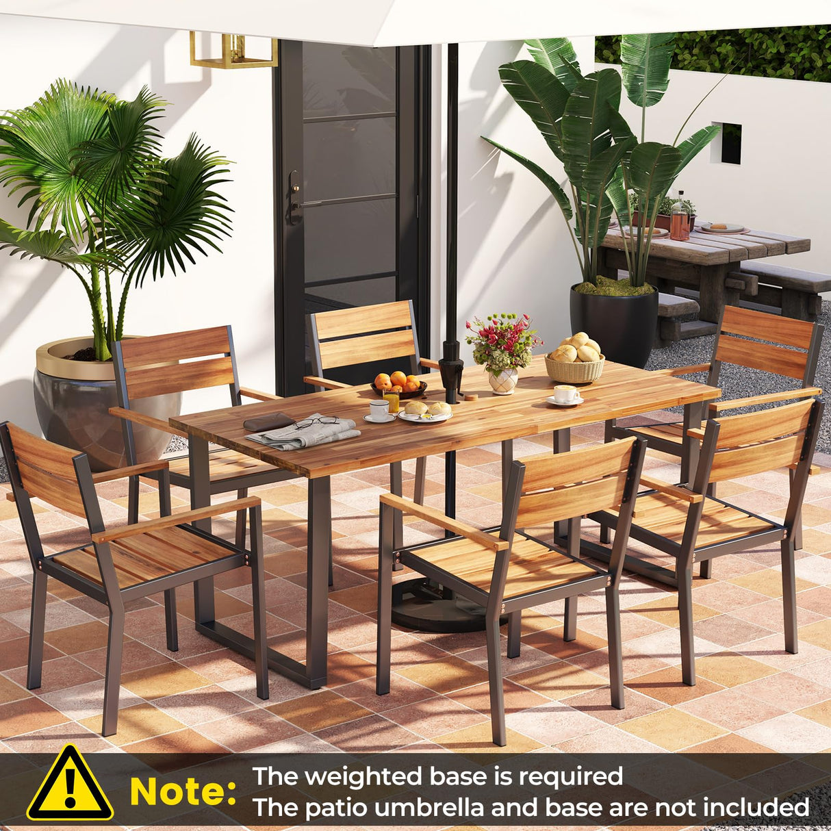 HAPPYGRILL 7 Pieces Acacia Wood Patio Dining Set with Metal Frame, Space-Saving Outdoor Furniture Set with 6 Stackable Armchairs and 69” Rectangular Table with 2” Umbrella Hole for Garden, Deck, Yard HAPPYGRILL