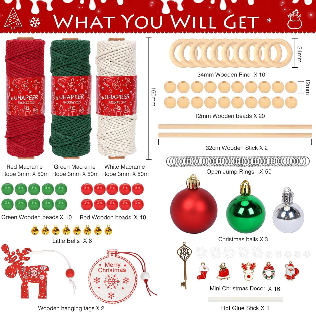 UHAPEER 137PCS Macrame Kits for Adults Beginners DIY Macrame Christmas Tree and Boho Macrame Supplies with 3 mm Macrame Cord Cotton Beads Xmas Ornaments Christmas Decorations Gifts Wall Hanging UHAPEER
