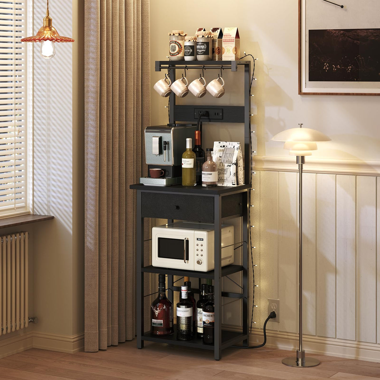 MAHANCRIS Bakers Rack with Drawer, Microwave Stand with Power Outlet, Coffee Bar Station with 4 Hooks, Kitchen Storage Shelf Rack 4 Tiers, for Kitchen, Dining Room, Black BRBK48E01 MAHANCRIS