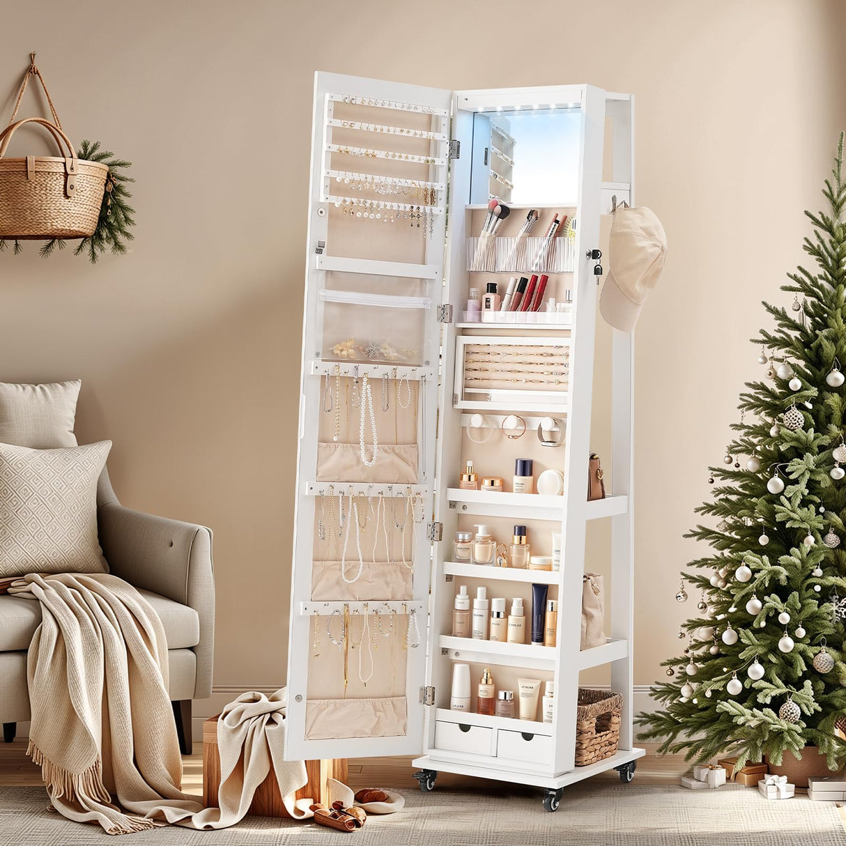 HOOBRO LED Lockable Jewelry Cabinet, Jewelry Organizer on Wheels, Standing Jewelry Armoire, Frameless Full-Length Mirror 4 Storage Shelves Foldable Makeup Tray Jewelry Cabinet Armoire, White WT06JC04 HOOBRO