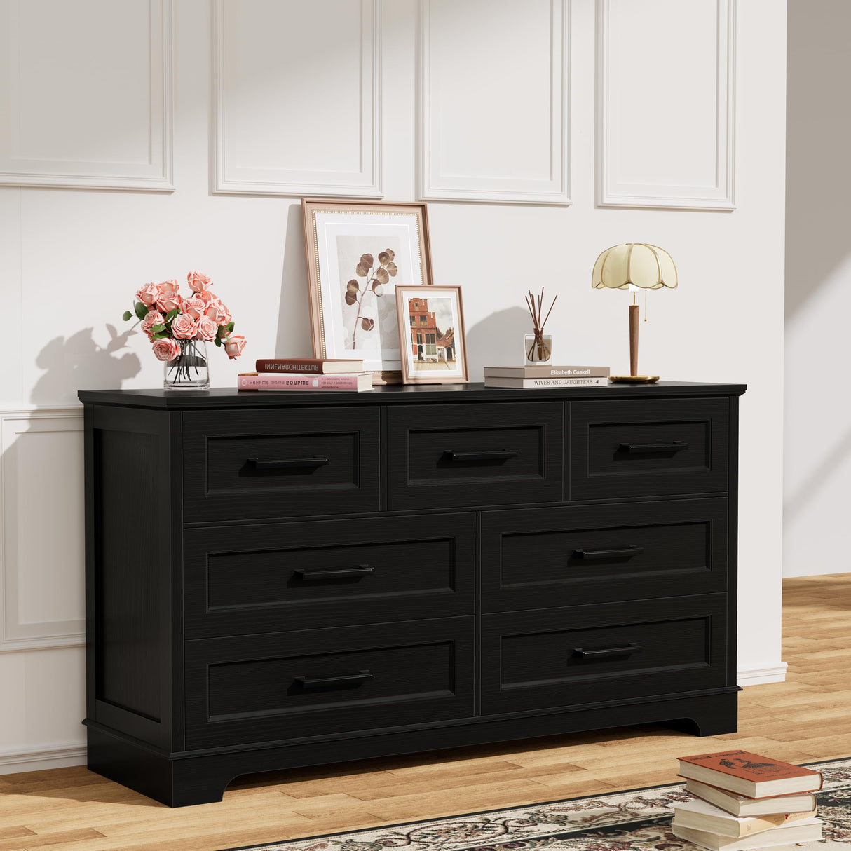 YESHOMY Dresser for Bedroom, Farmhouse 7 Drawers Dresser, Chest of Drawer Chest, Multi-Tier Clothing Storage Cabinet, Black
