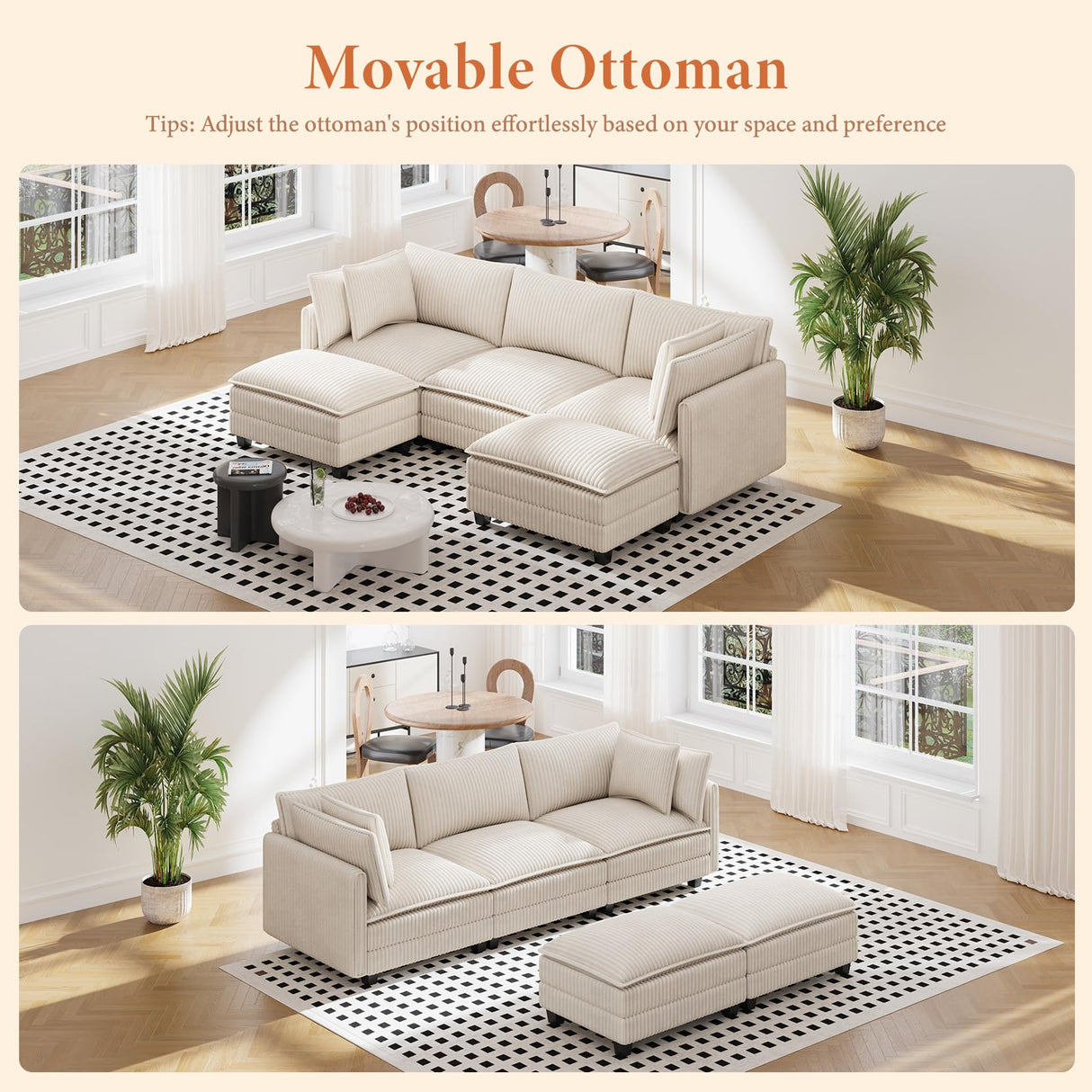 Vesgantti 109" U Shaped Cloud Sectional Sofa, Comfy Corduroy Upholstered Sectional Modular Sofas for Living Room, Modern Modular Couch with 2 Ottoman Deep Seat, Beige Vesgantti