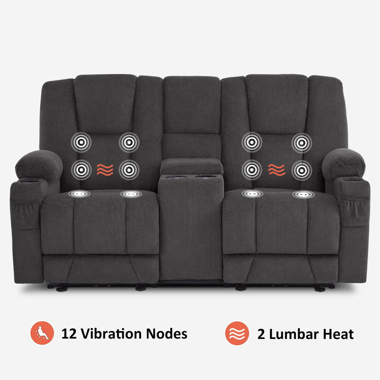 MCombo 74.4" Zero Gravity Power Loveseat Recliner with Console, Heat and Vibration Massage, Reclining Loveseat Sofa with USB Ports, Cup Holders for Living Room, Fabric 6035SET (Grey) MCombo