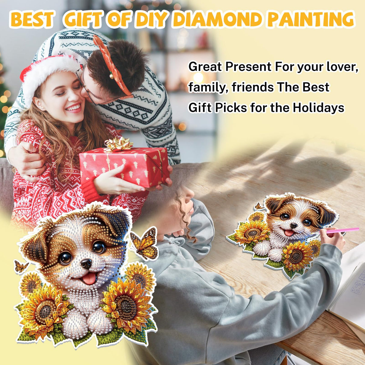 Bowetile Dog Diamond Art Hanging Kits for Adults Kids, 5D Special Shape Diamond Painting Sunflowers Pendant Kits, Animal Gem Art Suncatchers Painting Window Ornament for Home Garden Wall Decor Bowetile