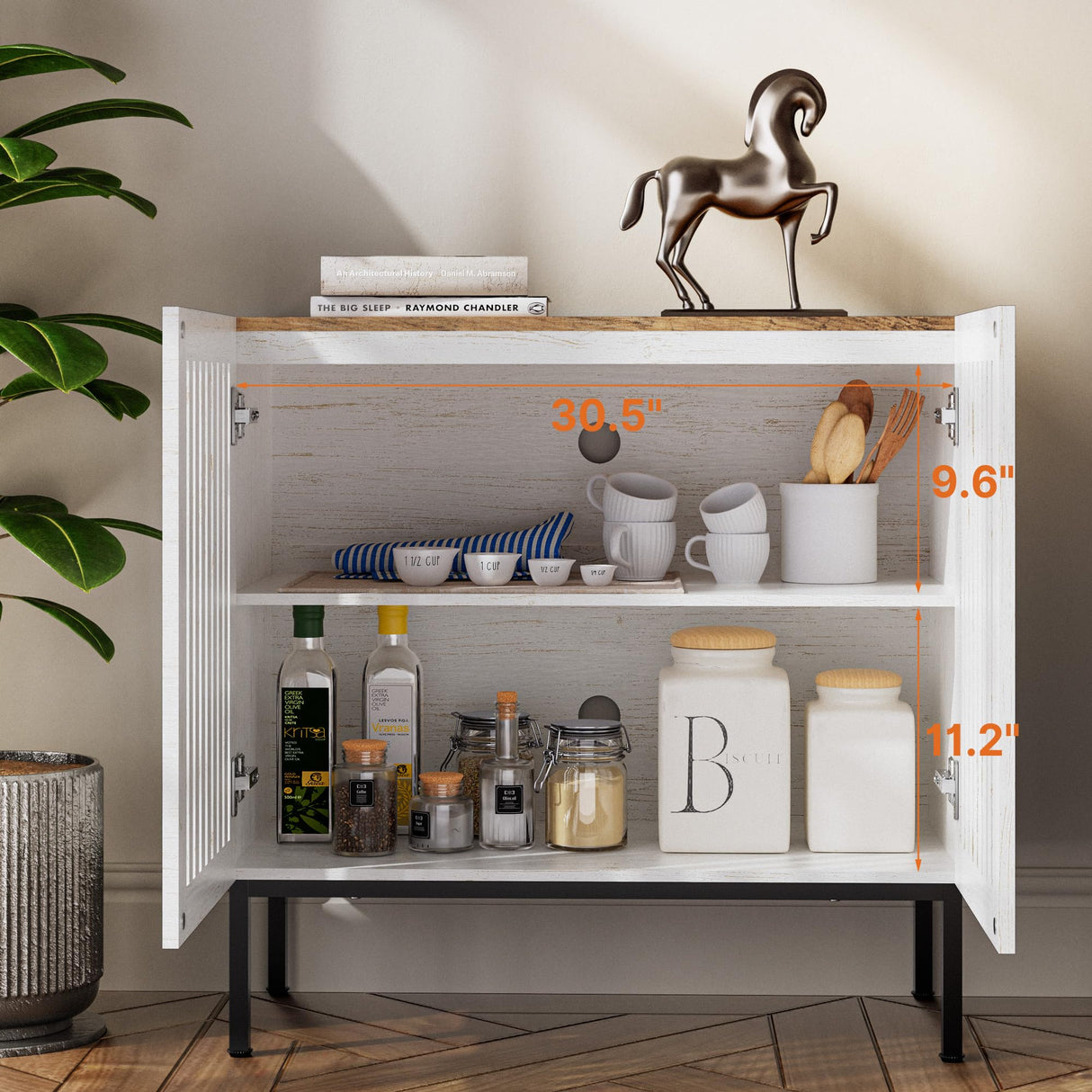 BVIUNTWO 31.5" Farmhouse Buffet Cabinet with Metal Base, Adjustable Shelf & 2 Doors, Antique White Storage Sideboard for Kitchen, Dining & Living Room BVIUNTWO