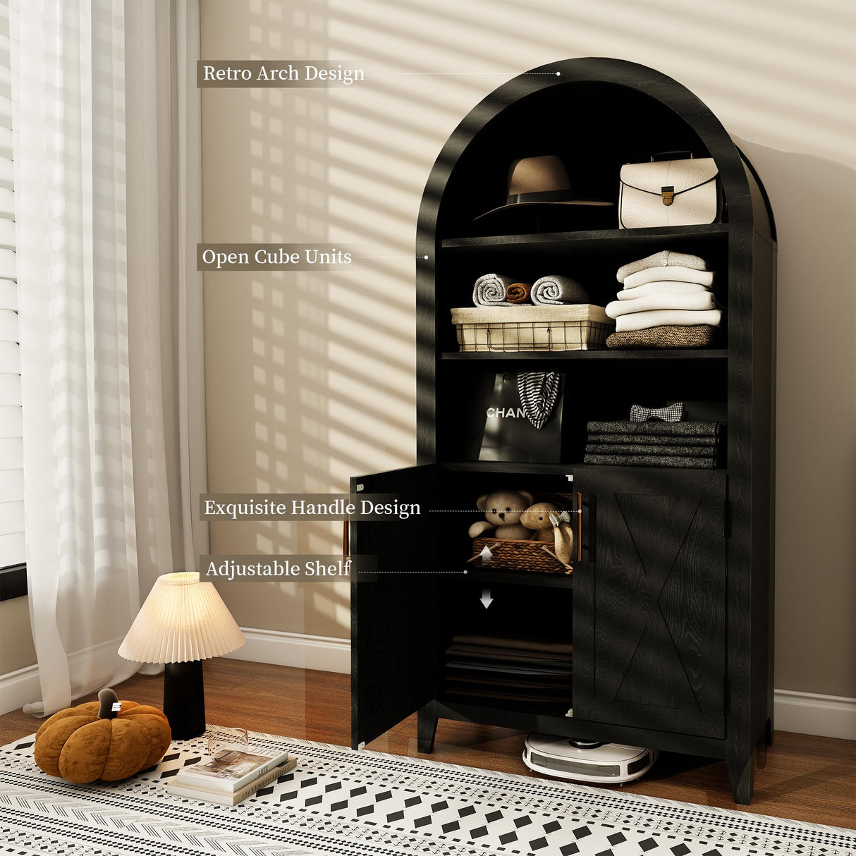 infurnic 63“ Arched Storage Cabinet with Beech Wood Door, 5-Tier Arched Bookcase, Farmhouse Kitchen Pantry with Storage – Perfect for Dining Room, Living Room, Kitchen, or Home Office infurnic