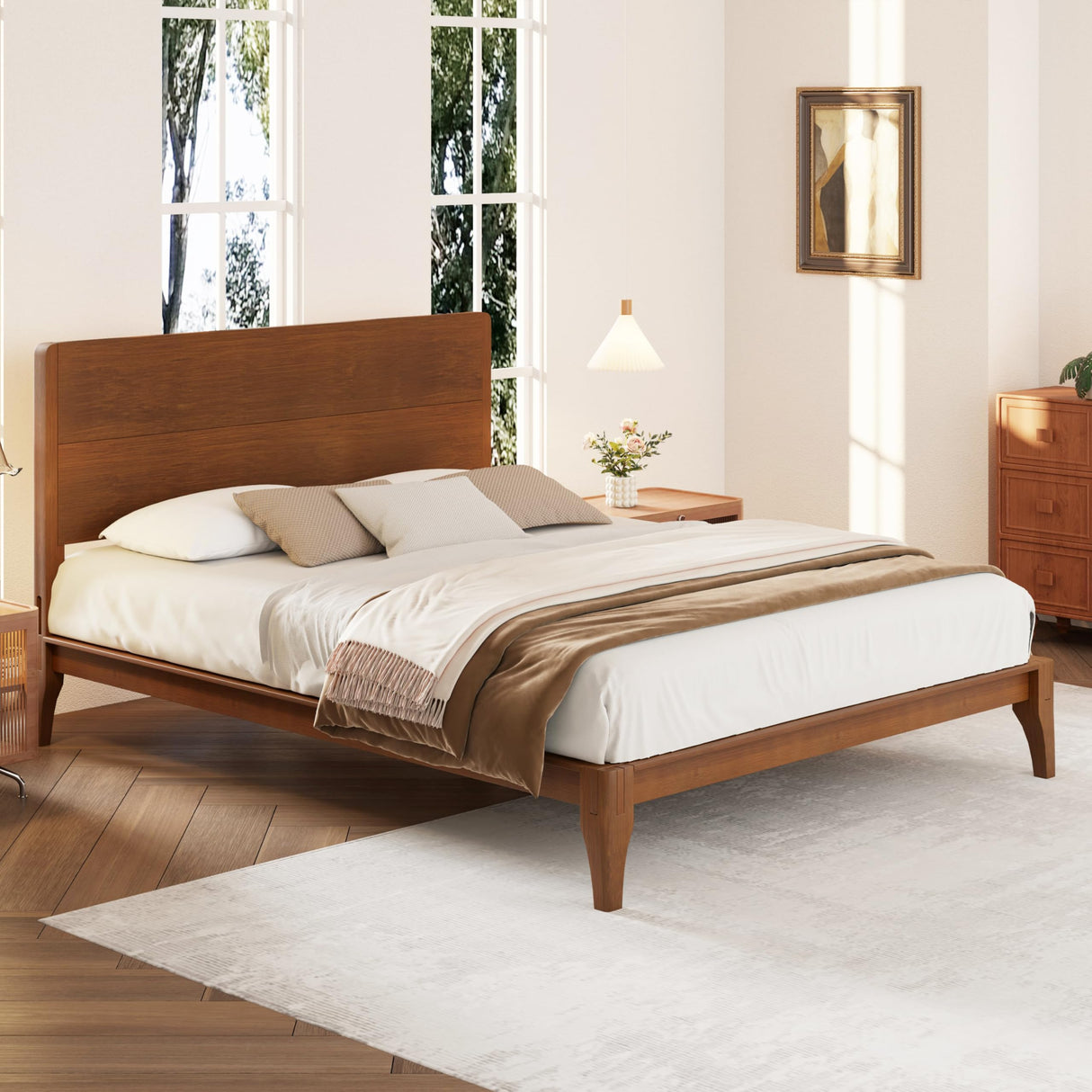 Merax Queen Size Bamboo Platform Bed Frame with Mid-Century Modern Design and Tall Headboard Merax