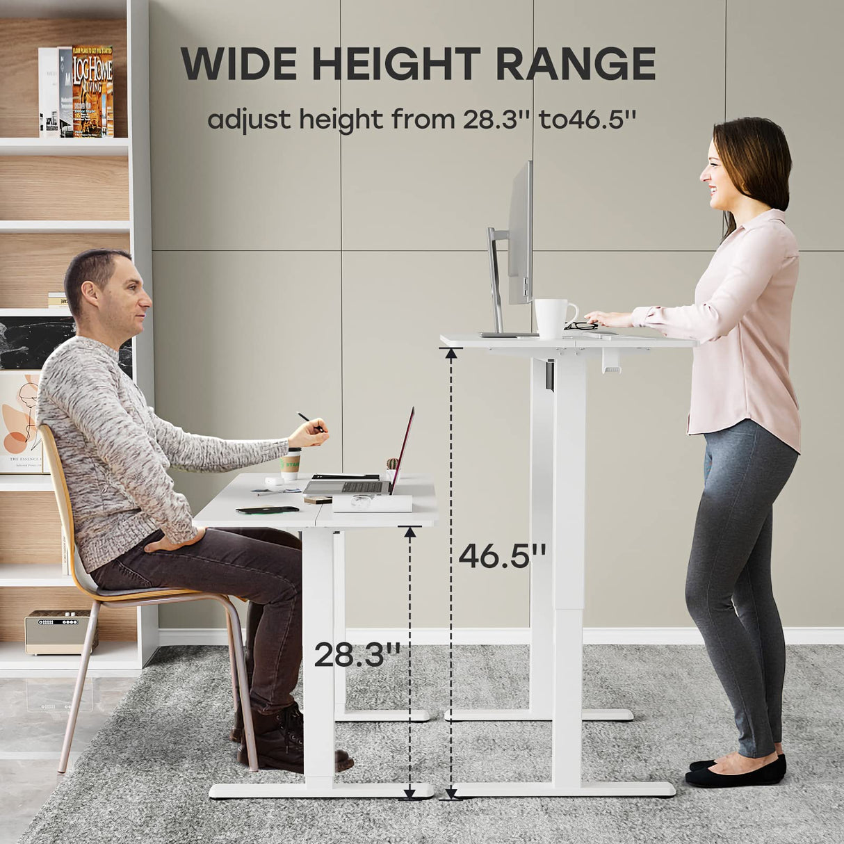 JYLH JOYSEEKER White Standing Desk, 48 X 24 Inch Adjustable Height Electric Desk, Sit Stand Desk with Splice Board and 2 Hooks, Ergonomic Rising Desk for Home Office JYLH JOYSEEKER