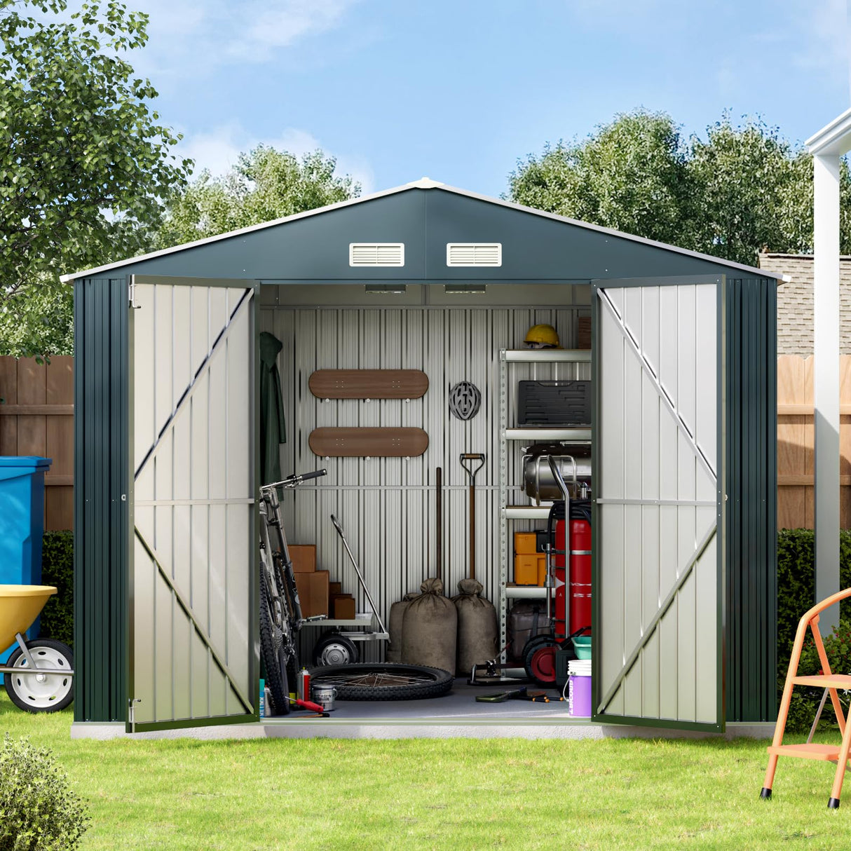MistMo 10X10X7.5 FT Outdoor Steel Storage Shed with Lockable Doors, 2 Windows, Frame Floor (No Wood/Other Boards), Ideal for Garden, Backyard, Patio Storage Mistmo