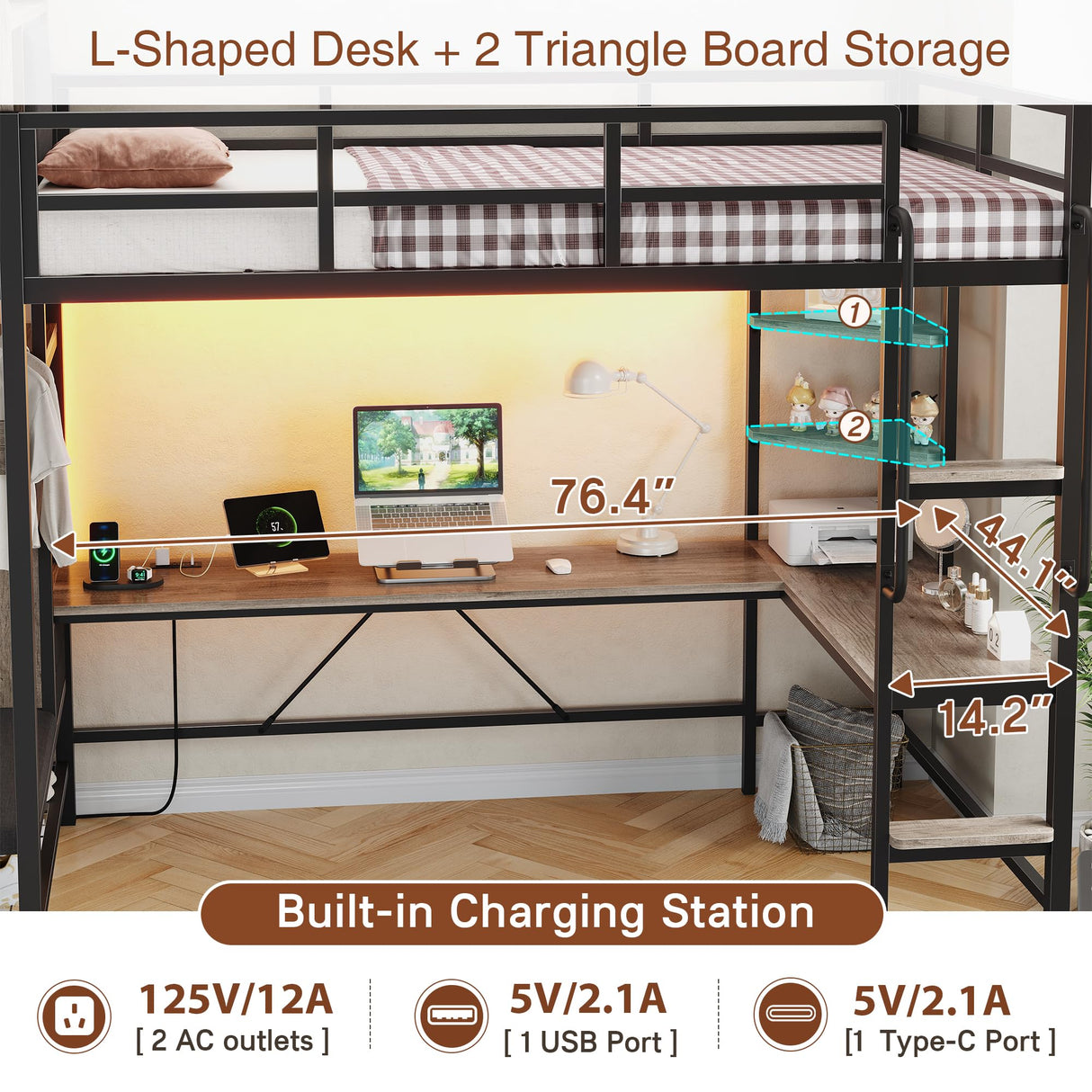 Twin Loft Bed with L-Shaped Desk, Metal Twin Size Loft Bed for Kids with Storage Headboard&Hall Tree, 2 Fabric Drawers, LED Lights&Charging Station, Safety Guard & Ladder, No Box Spring Needed (Gray) Dnxao