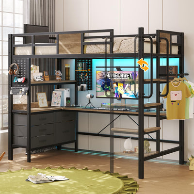busyaeh Twin Size Loft Bed with L-Shaped Desk and Storage, Bunk Bed with Desk Underneath Drawers, Metal Twin Loft with Clothes Rail, Safety Guard & Stairs, LED Lights, Charging Station, Oak Gray