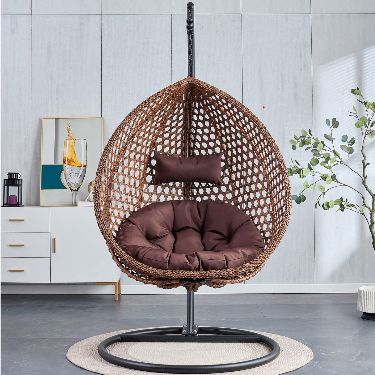 YWUFUART Hanging Egg Chair Outdoor,Rattan Swing Chair with Foldable Basket,Hammock Chair with Metal Stand,Lounge Chair for Garden Backyard,Brown YWUFUART
