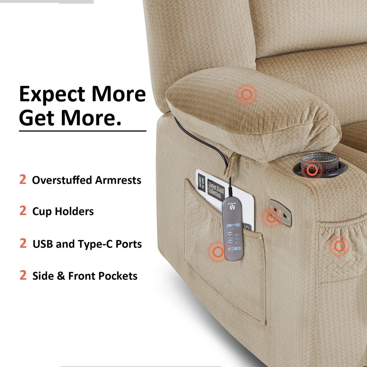 MCombo Zero Gravity Power Recliner Chair with Heat and Vibration Massage, Reclining Chair with USB & Type C Ports, Cup Holders for Living Room, Fabric PR670 (Beige Large 25.5" Seat Width) MCombo