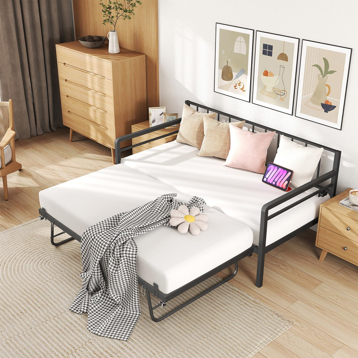 Zevemomo Twin Daybed with Pop Up Trundle, Metal Day Bed Frame with LED Lights and Charging Station, Day Bed with Trundle Bed Twin, Black Daybed for Living Room, Bedroom, Guest Room Zevemomo