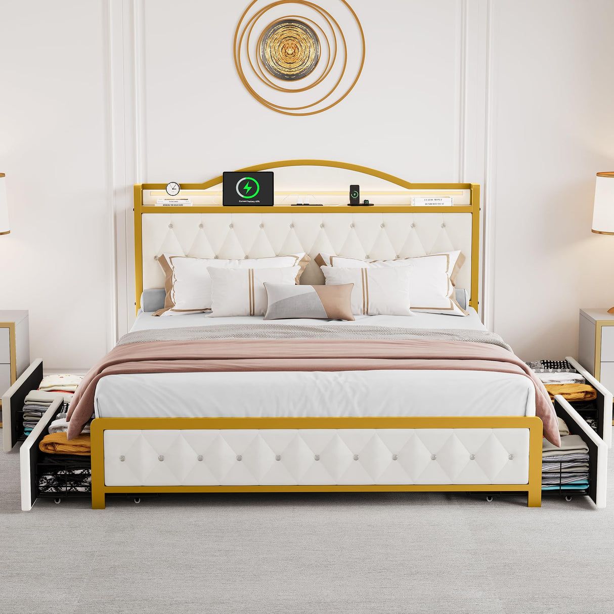 YITAHOME White Upholstered Queen Bed Frame with LED Lights, 4 Storage Drawers, and Charging Station YITAHOME