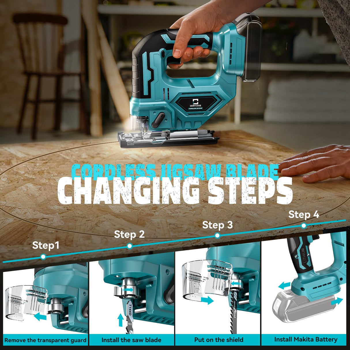 Jig Saw for Makita 18V Battery, Cordless Jigsaw Tool Brushless Motor, Variable Speed, Bevel Angle (0°-45°), LED Light with 3 Position Orbital Setting for Straight/Curve/Circle/Cutts (No Battery) Cerycose