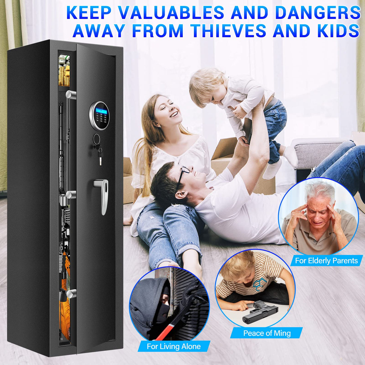 Fireproof Gun Safes for Home Rifle and Pistols, Heavy Duty Anti-Theft Long Gun Safes for Rifles and Shotguns with 3 Pistol Pockets, Gun Safe Rifle with LCD Digital Screen Removable Shelf(US Stock) Tiskgg