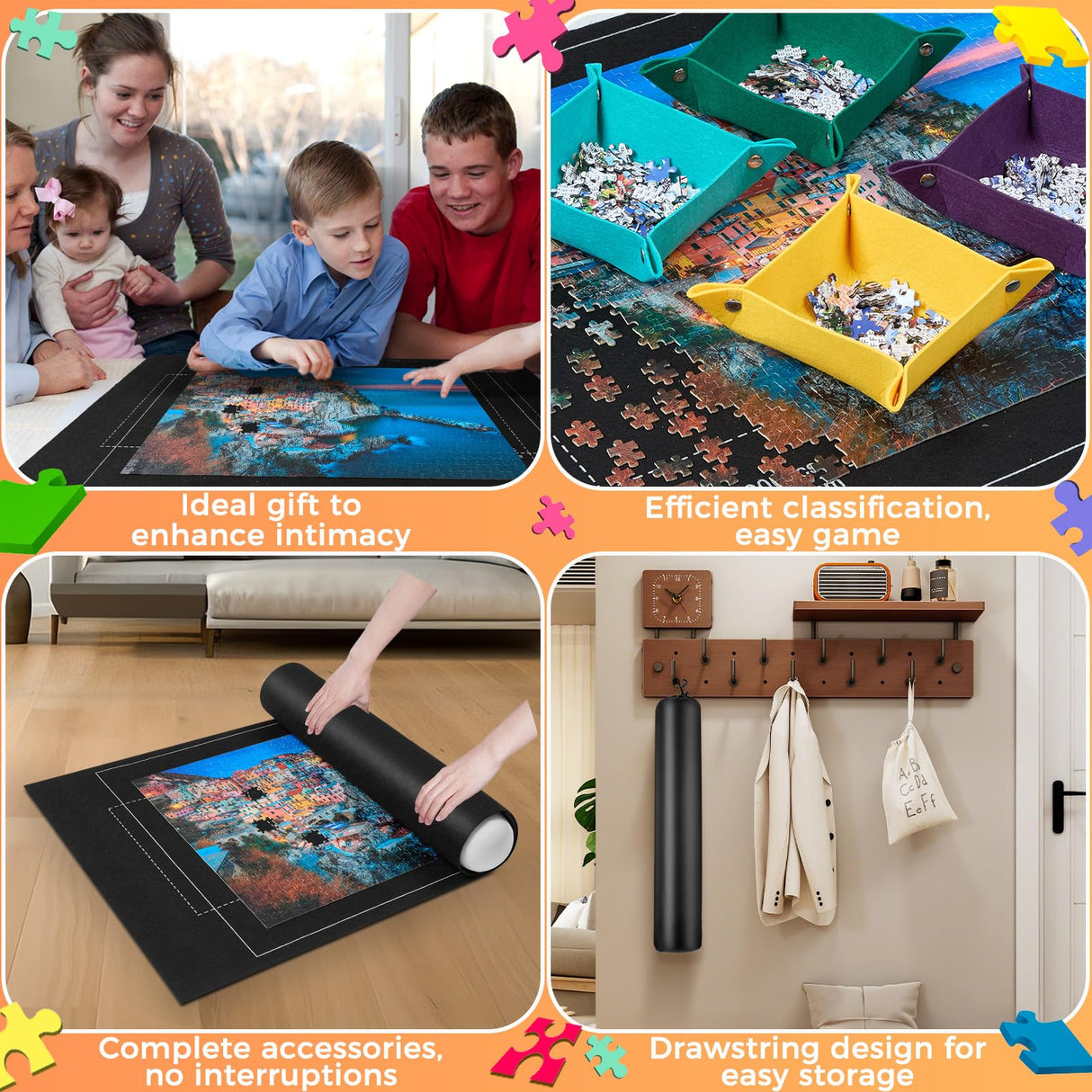 Jigsaw Puzzle Mat Roll Up - Portable Puzzles Saver Pad Up to 1500 Pieces, Full Accessories Puzzle Keeper with 4 Sorting Trays, Storage Bag, Easy Transport & Storage Puzzles Board Soekely
