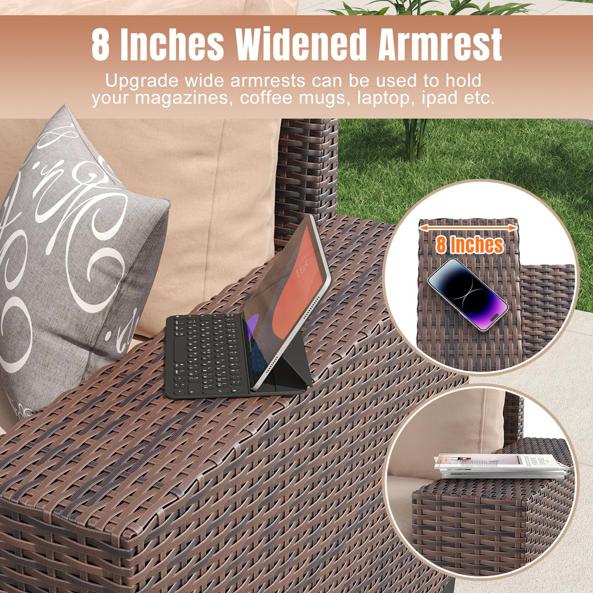 Aoxun 7 Pieces Patio Furniture Set with 44” Fire Pit Table Wicker Rattan Outdoor Sectional Conversation Set with Coffee Table and 4” Thickened Cushions, Beige (Waterproof Cover Included) Aoxun