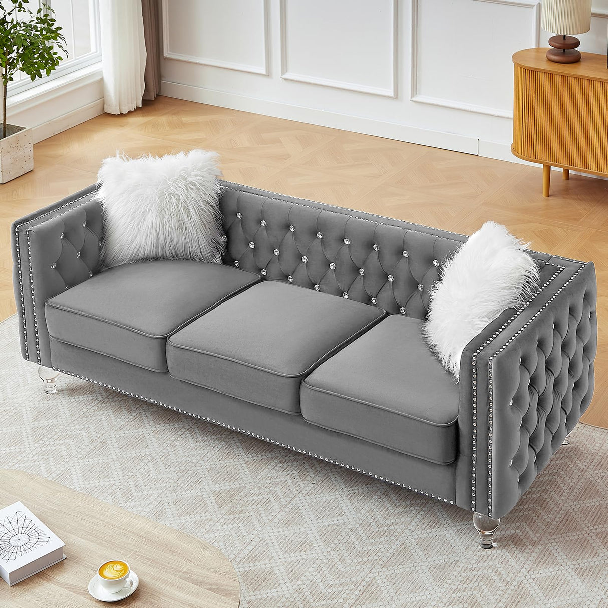 Homies Life 83" Chesterfield Sofa, Velvet Mid-Century Modern Upholstered Couch with 2 Throw Pillows and Acrylic Legs, Nailhead Button Tufted Vintage Sofa for Living Room, Apartment, Office, Grey Homies Life