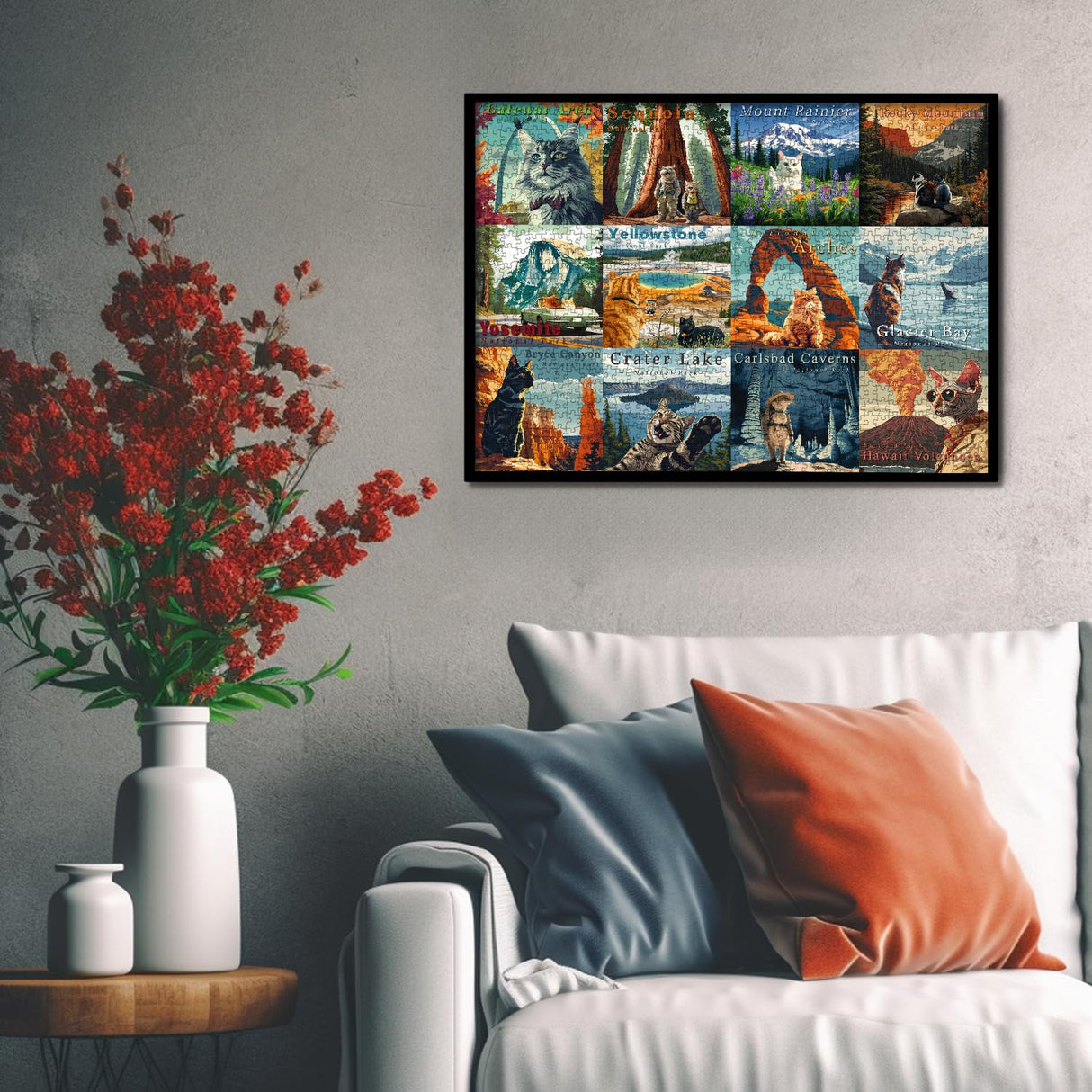 Cat Puzzles for Adults 1000 Pieces and up, National Parks Puzzle Series Kitty Travels Yellowstone Glacier, PICKFORU Funny Cat Jigsaw Puzzles as Home Decor PICKFORU