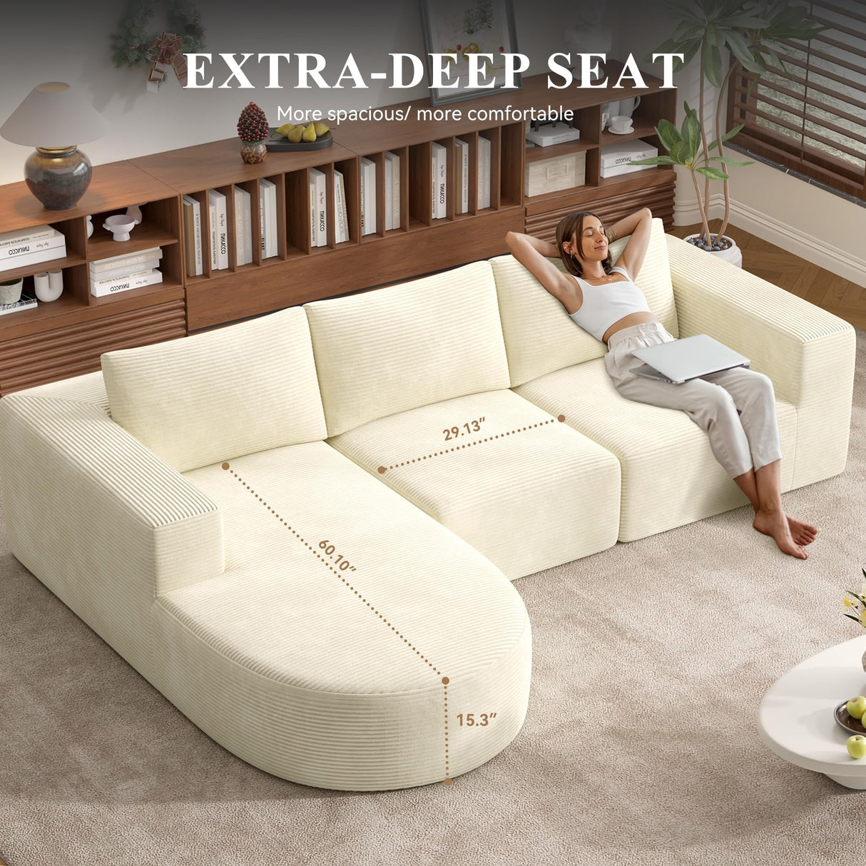 Modular Sectional Sofa with L-Shape Chaise,Cloud Sectional Modern Sleeper Couch with Deep Seat,Sponge Compression Sofas No Assembly Required (Beige-Corduroy Fabric) Luxanimarion