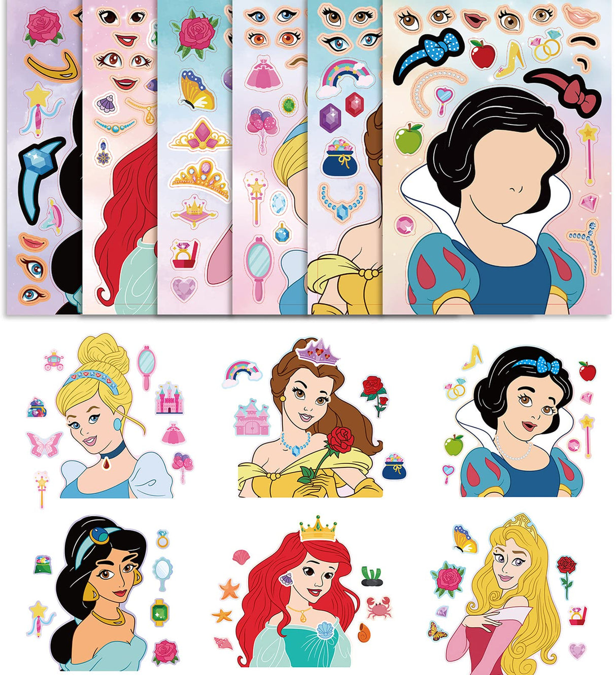 36 PCS Make-a-face Sticker Sheets Large Make Your Own Mix and Match Stickers for Kids Sticker Play Set Reusable Stickers Fantasy Kids Arts and Crafts Activity Party Favor Supplies Craft (Princess) Ahyuan