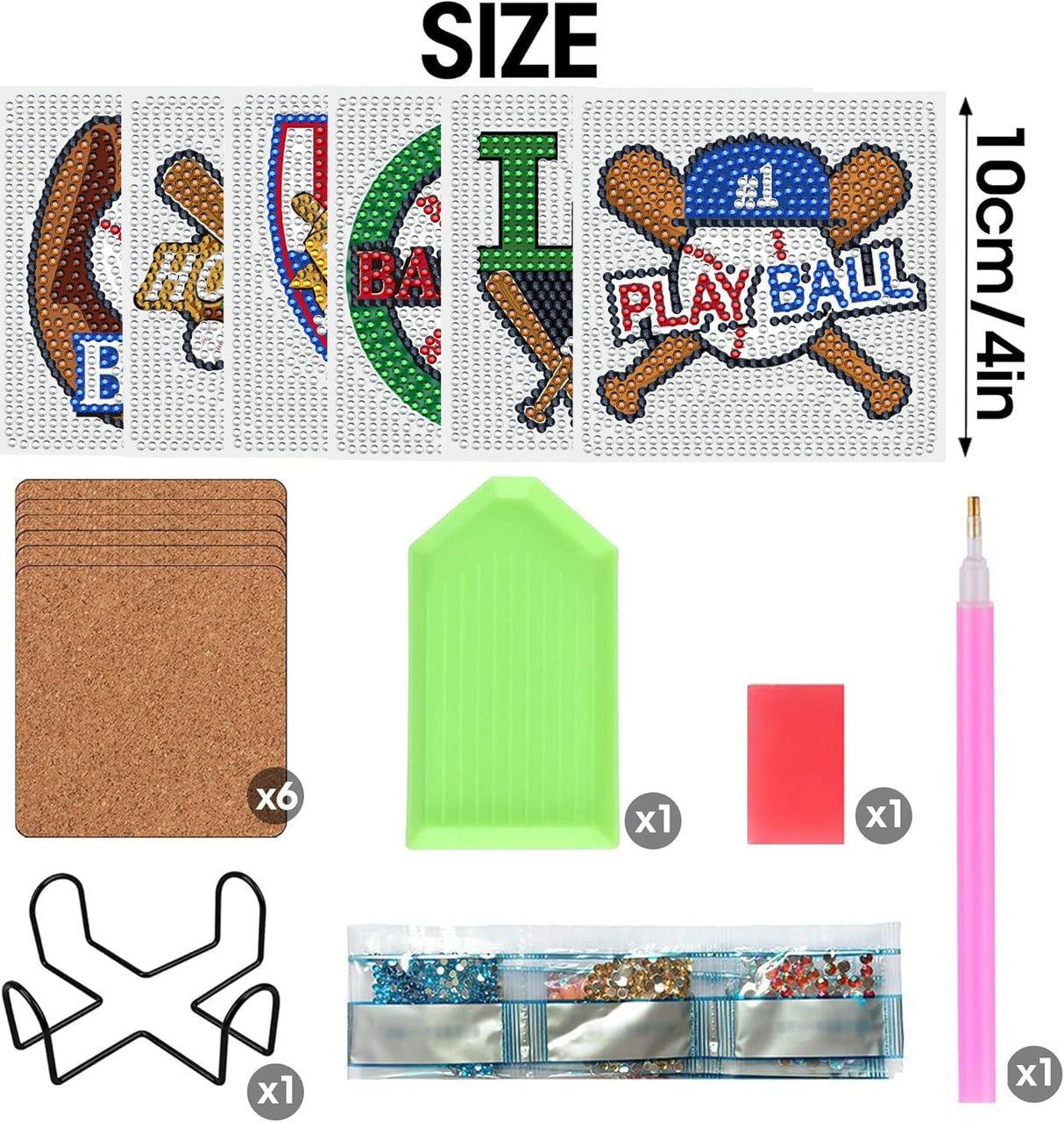 6 Pcs 5D DIY Baseball Diamond Paintings Coasters with Holder for Adults Beginners, Round Full Drill Diamond Art Craft Supplies QLBD-20 WoodArtSupply