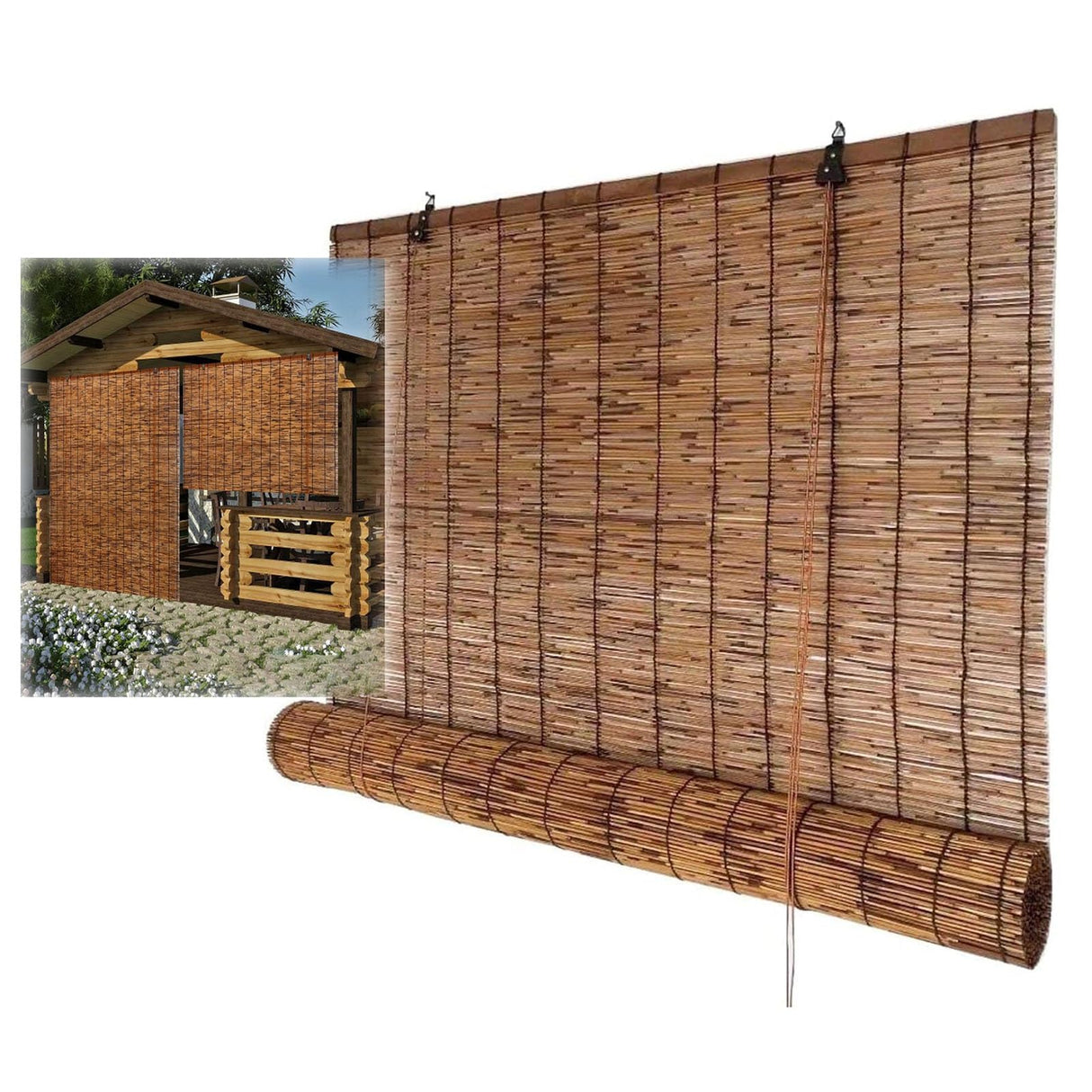 Blackout Bamboo Blinds, Bamboo Roll Up Shades for Indoor Windows, Waterproof Cordless Roller Shades Privacy Partition Outdoor Natural Reed Curtains for Home Patio Porch 36 Inch W x 96 Inch H VELLOW