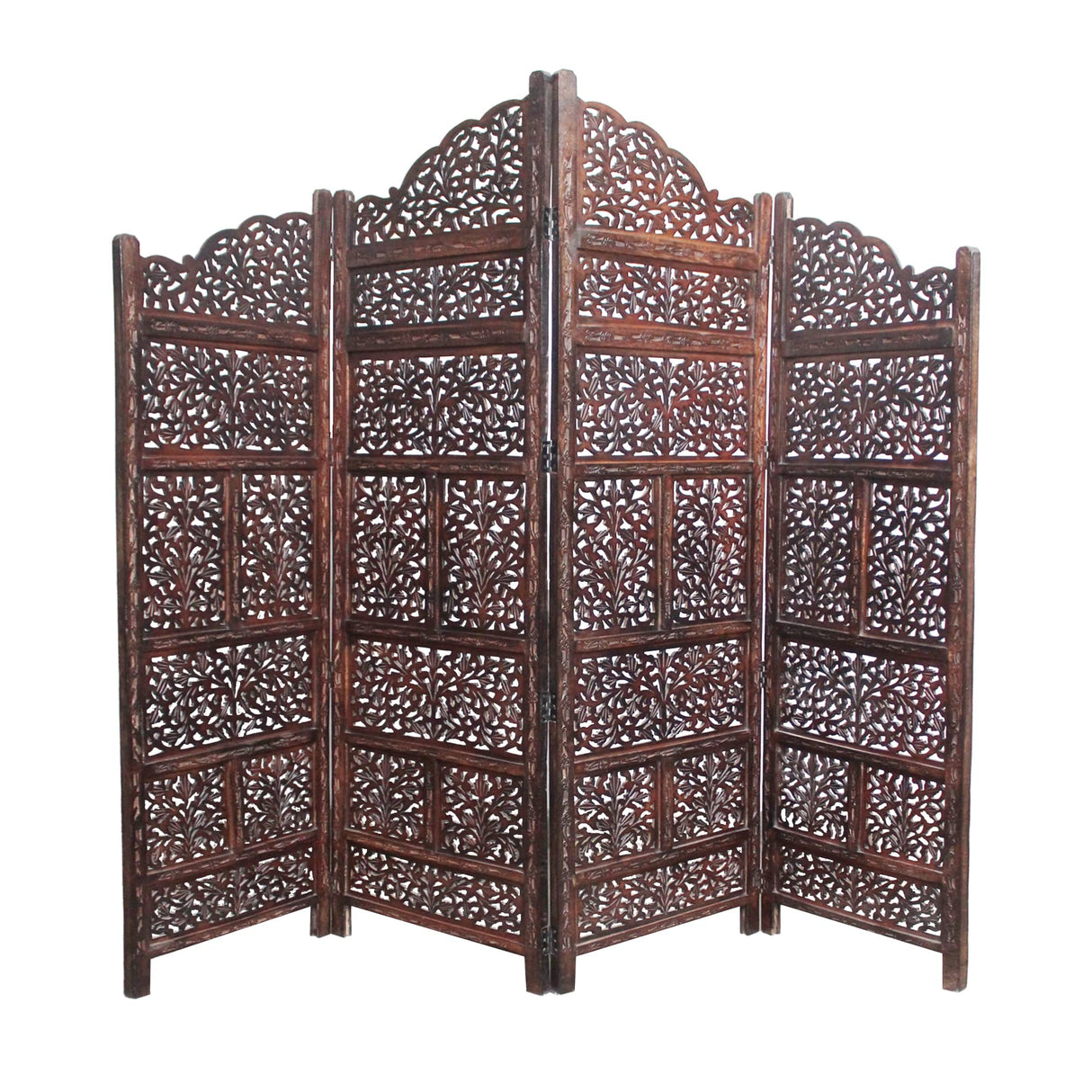 Room Divider Wood Screen - Mahanadi Antique Brown - 4 Panel Folding 72x80 - Wooden Hand Carved Screen Decorative Functional Versatile - Small Spaces Reversible Privacy Partition - COTTON CRAFT COTTON CRAFT