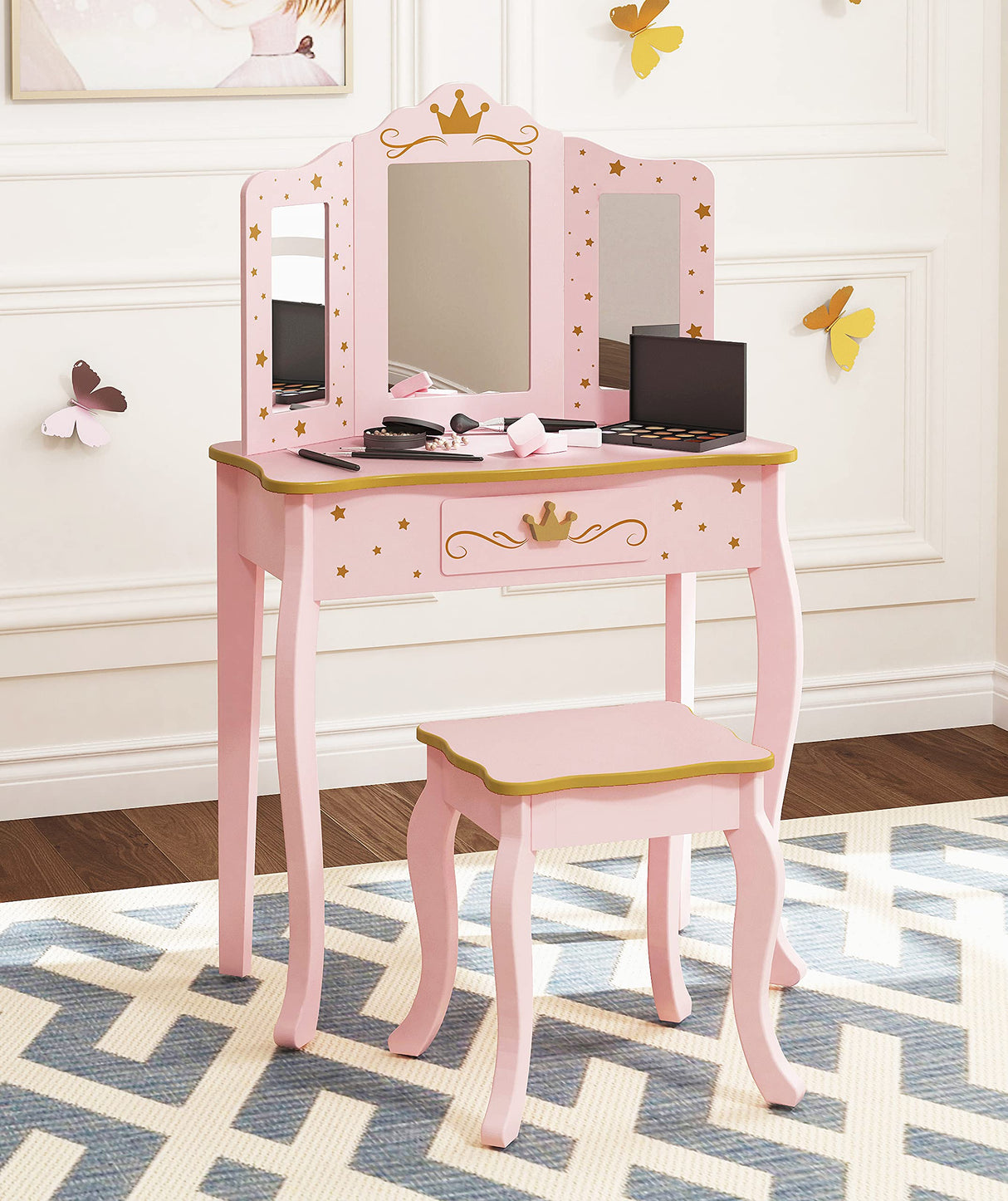 UTEX Pretend Play Kids Vanity Set with Mirror and Stool, Kids Make Up Vanity Desk with Mirrror for Little Girls, Children Makeup Dressing Table with Drawer, Pink UTEX