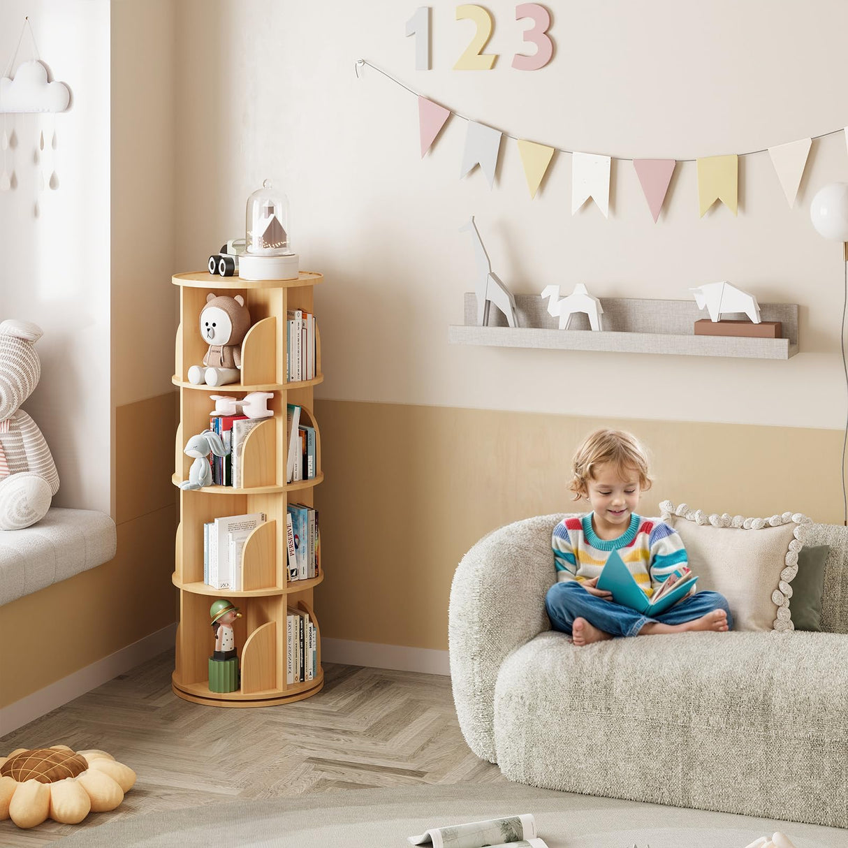 Rotating Bookshelf 360 Degrees,4 Tier Round Spinning Bookcase, Wood Book Shelf Tower for kids, Adults, Narrow Rolling Corner Bookshelf for Small Spaces, Bedroom, Classroom, Kids room, Natural YOUDENOVA