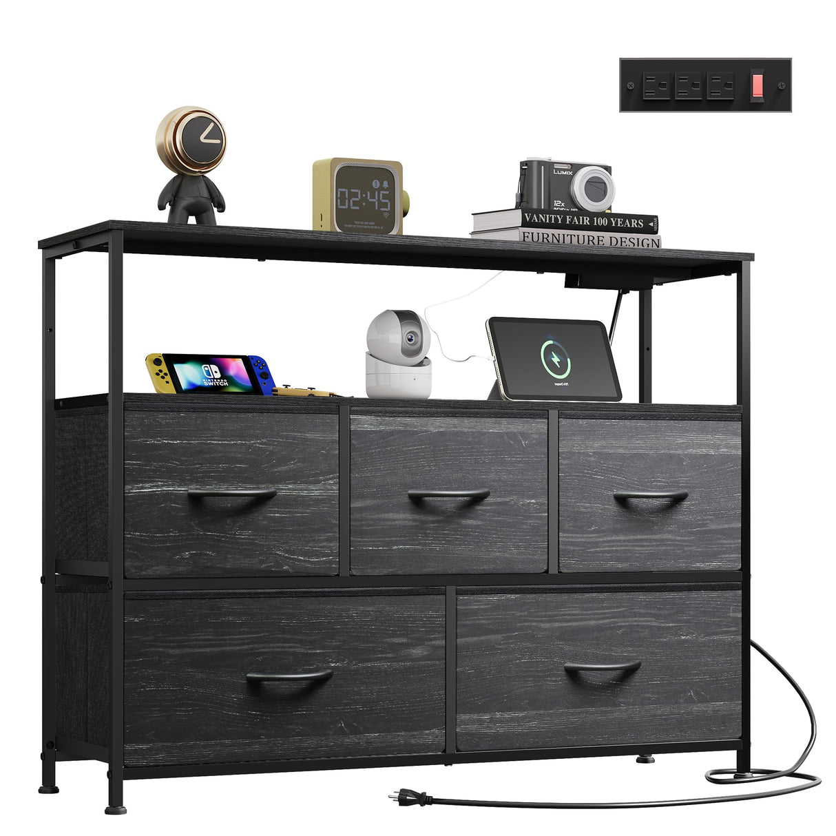 WLIVE Dresser for Bedroom, 5 Drawer Dressers with Charging Station, Fabric Chest of Drawers with Open Shelves, Storage Dresser for Living Room, Closet, Entryway, Charcoal Black Wood Grain Printt WLIVE