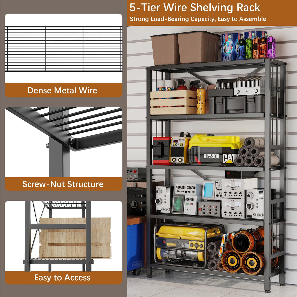 GIOTORENT 5-Wire Heavy-Duty Shelf, Standing Storage Shelves, Metal Shelving Unit Pantry Rack, 1500LB Load Capacity, for Garage Kitchen Organizer (Black) GIOTORENT