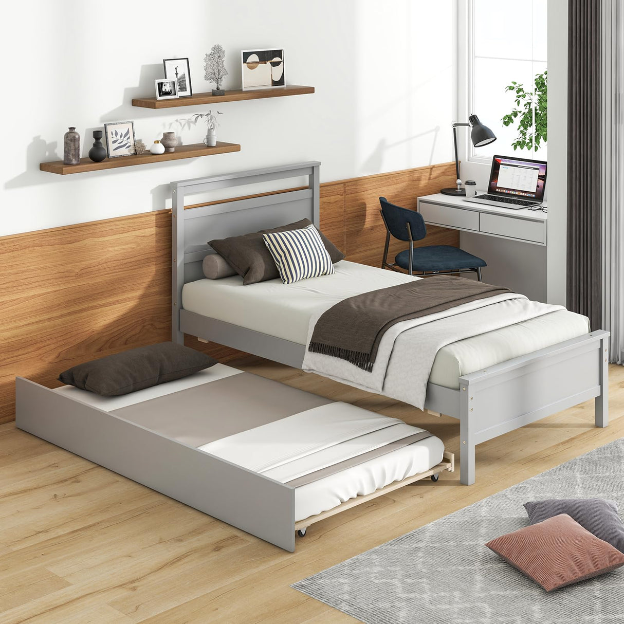 KOMFOTT Twin Bed Frame with Trundle, Wood Bed Frame with Pull-Out Trundle, Headboard & Footboard, Wooden Slat Support, No Box Spring Needed, Mattress Foundation (Grey) KOMFOTT