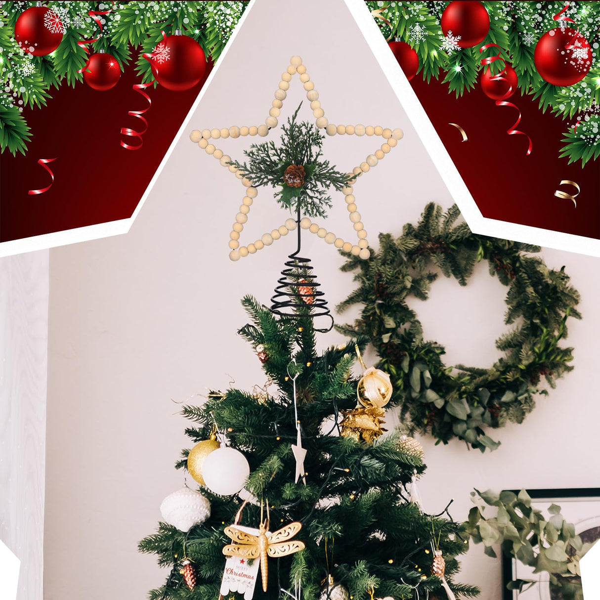 Gejoy Christmas Beaded Star Tree Topper Farmhouse Christmas Tree Topper Rustic Star Tree Topper with Berries Pinecones Neutral Christmas Star Tree Topper for Xmas Tree Decorations(Cone,Wooden) Gejoy