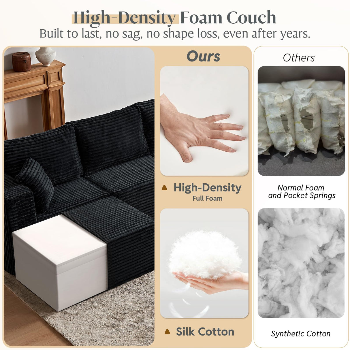 MODNEST 108" Modular Sectional Sofa Cloud Couch with Deep Seats, L Shape Foam Couch with Chaise and Movable Ottoman, Sectional Couches for Living Room, Comfy Boneless Sofa No Assembly, Black MODNEST