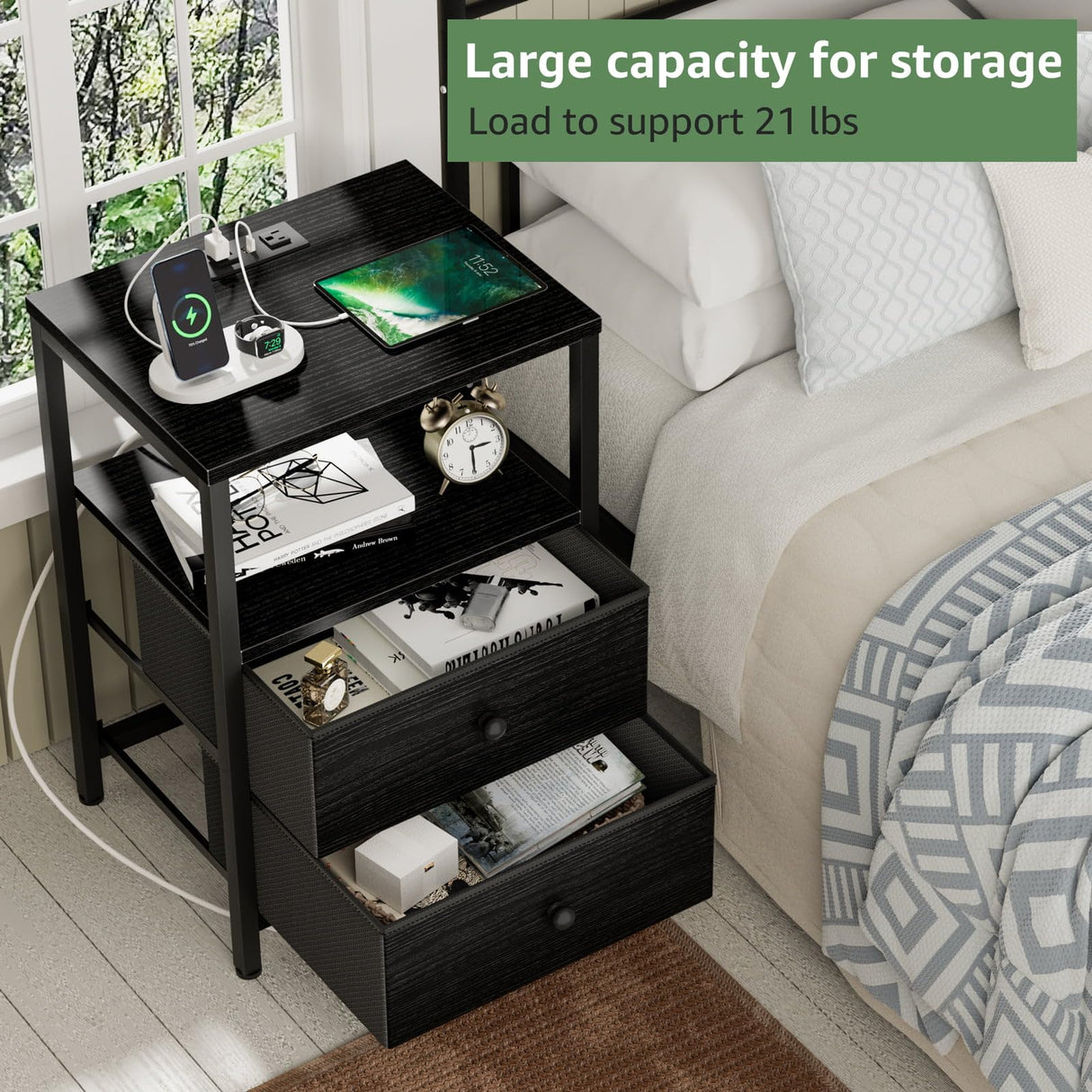 BOLUO Black Nightstand with Charging Station, LED Night Stand with 2 Fabric Drawers, Bedside Table with USB Ports and Outlets, Nightstand for Bedroom Modern BOLUO