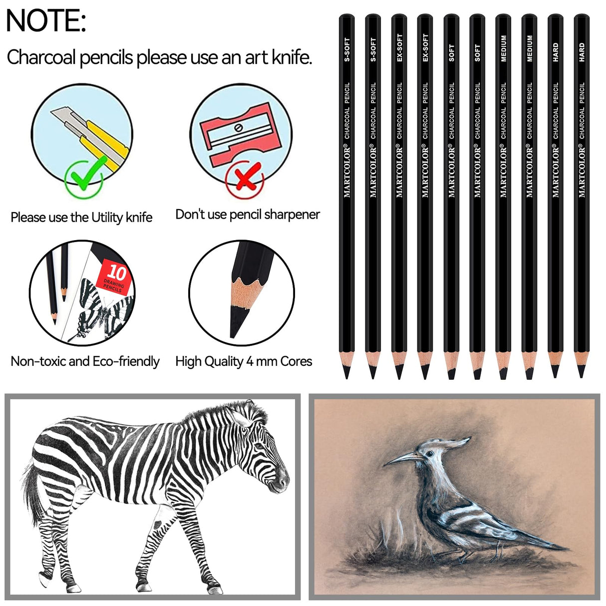 MARTCOLOR Charcoal Pencils for Drawing, 10 Pieces (S-Soft, Ex-Soft, Soft, Medium, & Hard) Black Charcoal Pencils for Sketching, Shading, Blending MARTCOLOR