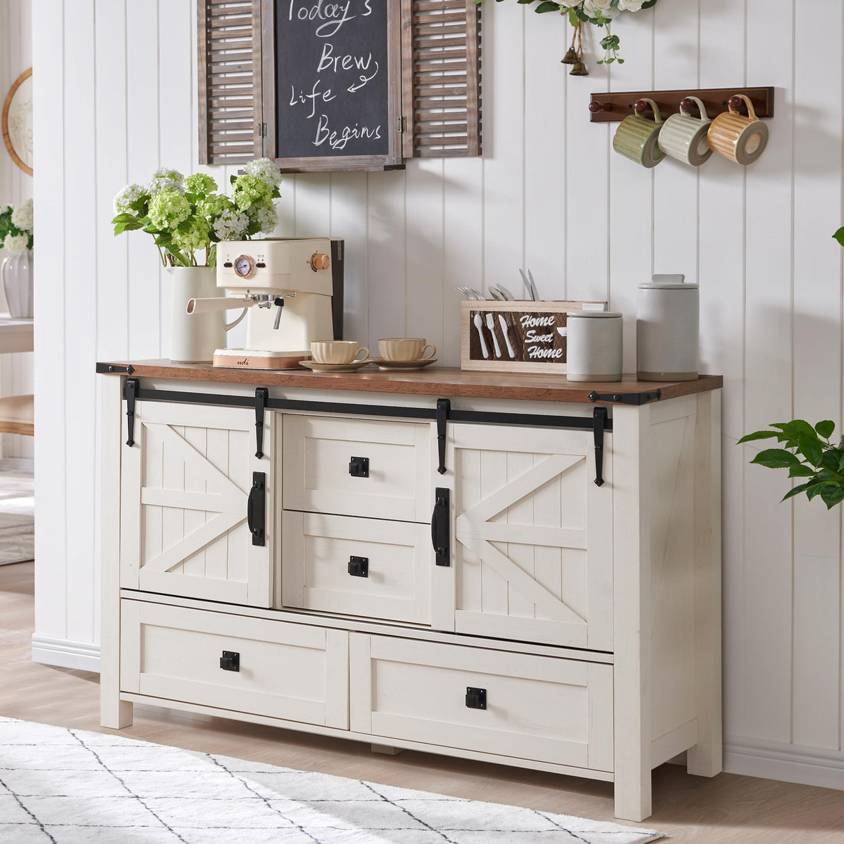 T4TREAM Farmhouse Sideboard Buffet Cabinet with Storage, 31.2'' Tall Kitchen Cabinet with 2 Sliding Barn Doors and 4 Drawers, Rustic Wood Coffee Bar Table for Dining Room, Antique White T4TREAM