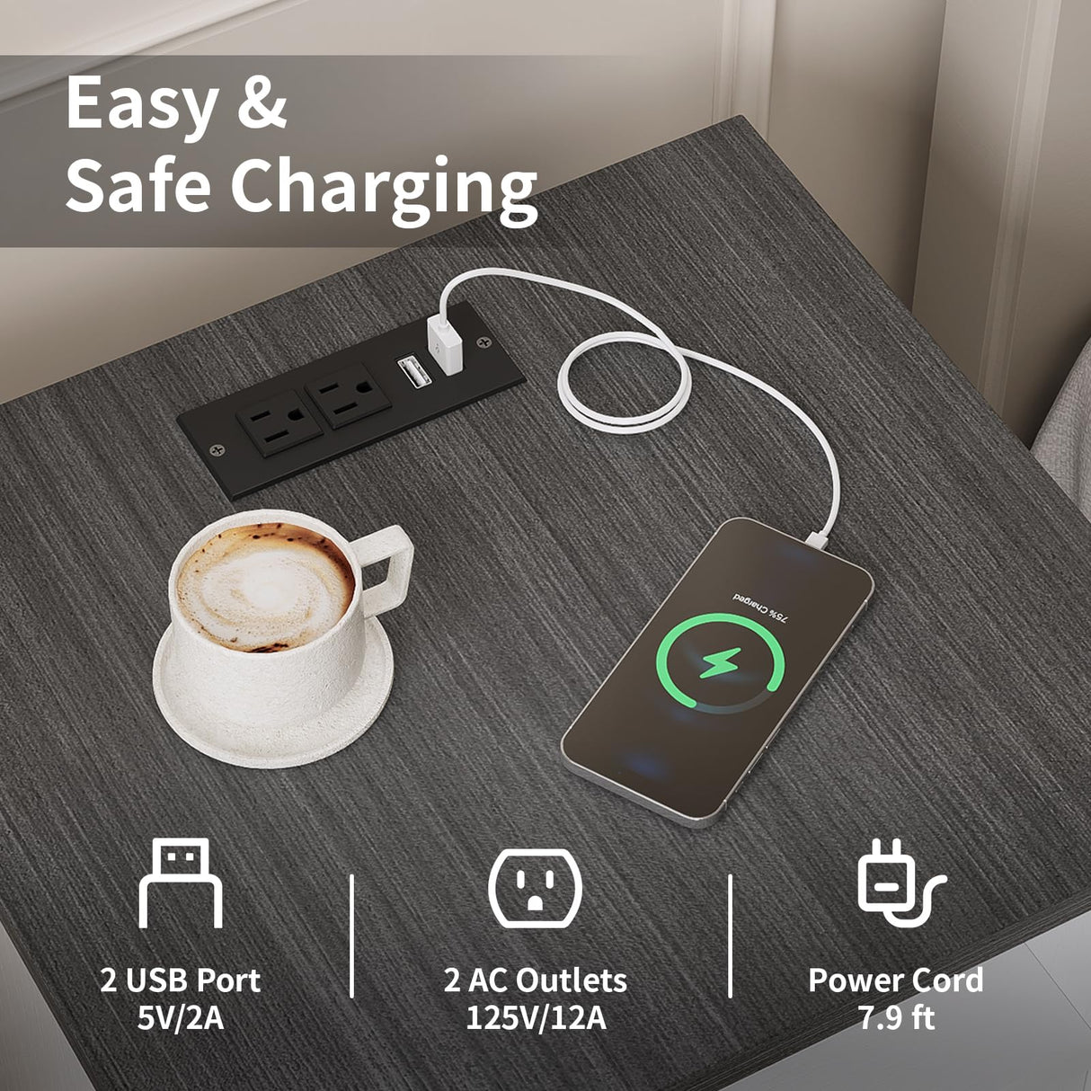 AURINEST Farmhouse Night Stand Set of 2 with Charger Station, Bed Side Table with 2 Drawers and Storage Shelf, Rustic End Table for Bedroom, Living Room, Small Spaces, White AURINEST