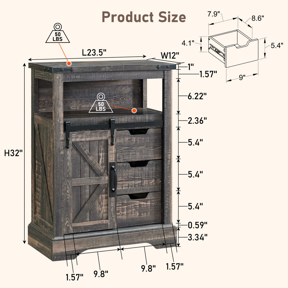OKD Bathroom Floor Cabinet, Farmhouse Storage Cabinet with Sliding Barn Door & Storage Drawers, Small Storage Cabinet for Bathroom, Kitchen, Living Room, Dark Rustic Oak OKD