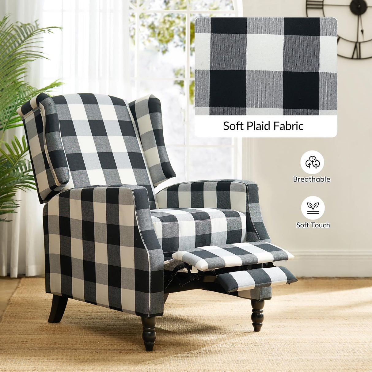 HULALA HOME Wingback Recliner Chairs Set of 2, Traditional Push Back Recliners with Solid Wood Legs, Modern Lounge Armchairs for Living Room, Comfy Upholstered Accent Reclining Chairs, Buffalo Black HULALA HOME