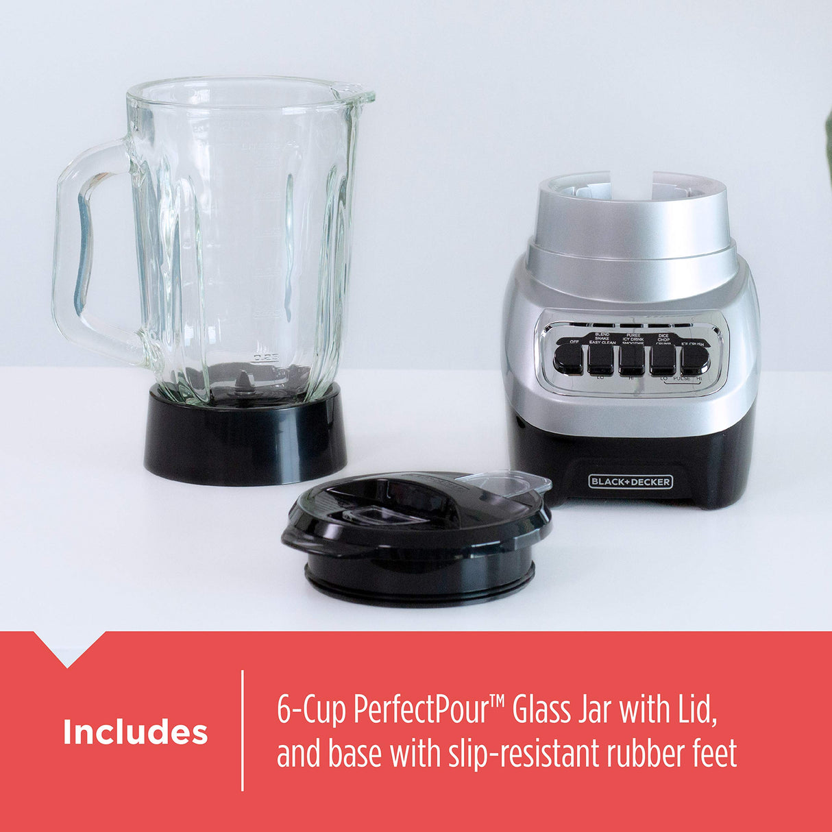 BLACK+DECKER PowerCrush Countertop Blender, 6-Cup Glass Jar, For Smoothies and More, Stainless Steel Blade, 4 Speed Settings to Puree, Crush Ice, Chop, Dice, and Pulse, Dishwasher Safe, 700W Motor BLACK+DECKER