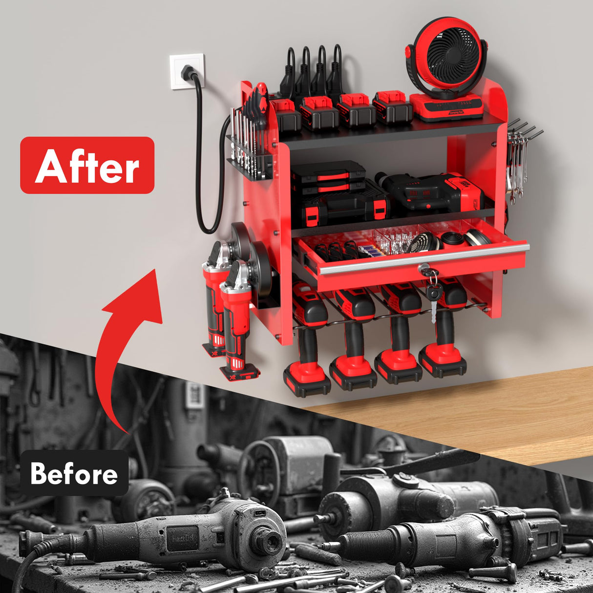 KSVO Power Tool Organizer Wall Mount with Drill Rack & Locking Drawers - Heavy Duty Metal Tool Shelf for Garage, Workshop, Shed, Basement Tool Organization - Gift for Men/Father (Red) KSVO