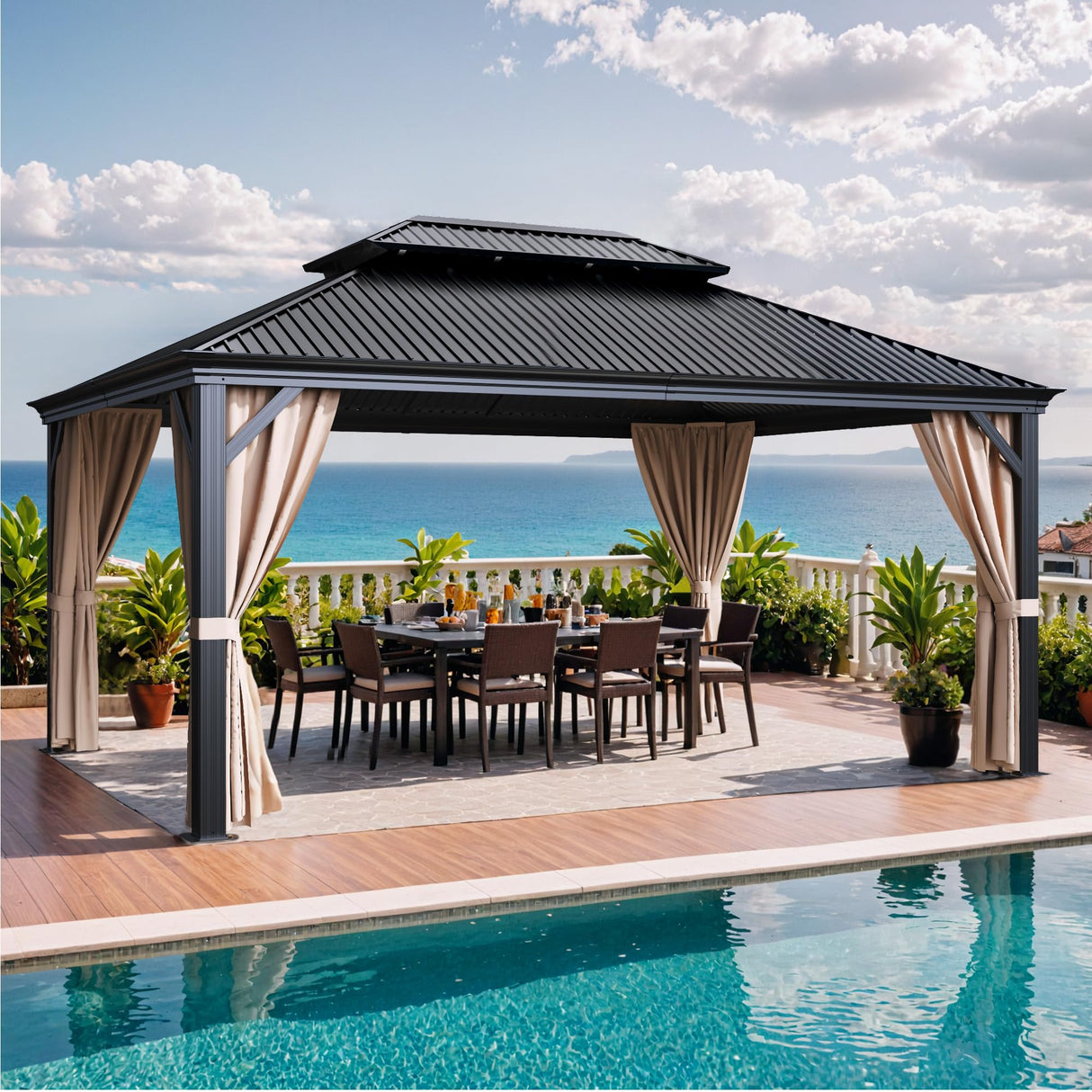 Devoko Outdoor Hardtop Gazebo Galvanized Steel Metal Gazebo Aluminum Frame Double Roof Outdoor Gazebo with Nettings and Curtains for Patios, Garden (12' x16' FT) Devoko