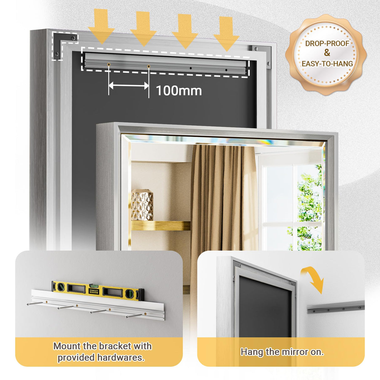 QueenFun 48 x 30 Silver Bathroom Mirror, Large Beveled Silver Bathroom Vanity Mirror, Shatterproof Silver Rectangle Mirror, Silver Metal Framed Mirror for Bathroom Wall, Anti-Rust(Vertical/Horizontal) QueenFun